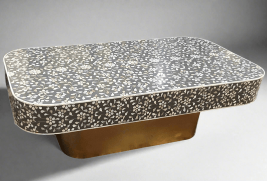 Mother of pearl inlay  floral pattern with brass metal base on wooden coffee table
