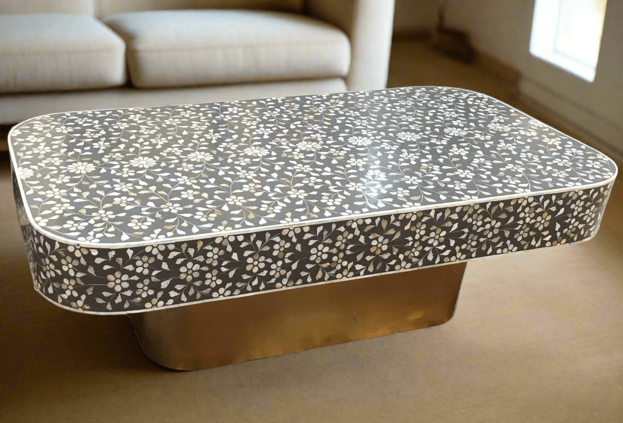 Mother of pearl inlay  floral pattern with brass metal base on wooden coffee table