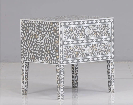 Mother of pearl  inlay floral pattern wooden two drawer bedside / nightstand / side table
