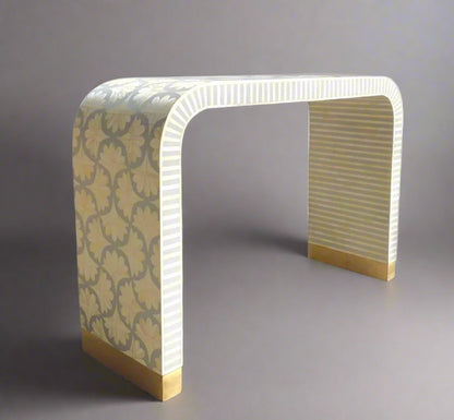  Heritage inlay lotus pattern with brass metal base legs wooden waterfall console table in grey