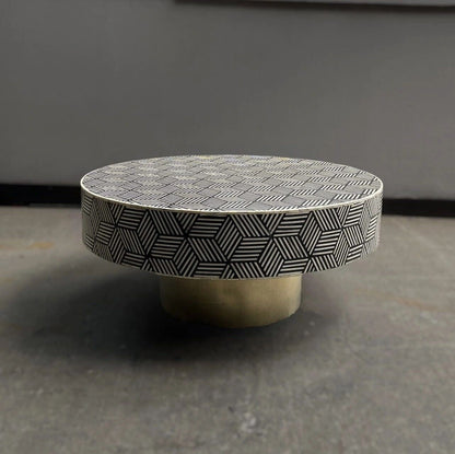   Heritage inlay optical pattern with brass base on wooden round coffee table s