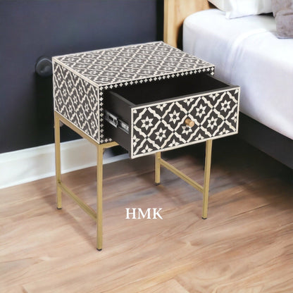   Heritage inlay morocco pattern wooden one drawer bedside / nightstand / side table with golden stand