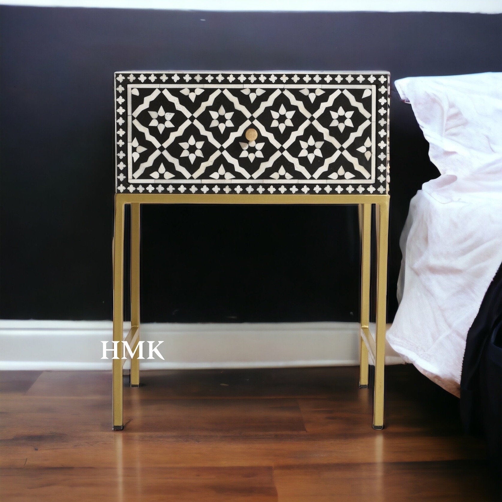   Heritage inlay morocco pattern wooden one drawer bedside / nightstand / side table with golden stand