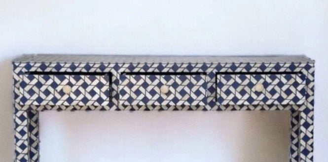 Heritage  inlay geometric  pattern three drawer wooden console table