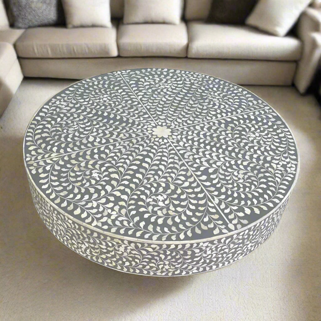   Heritage inlay floral pattern with brass base on wooden coffee table for the living room.