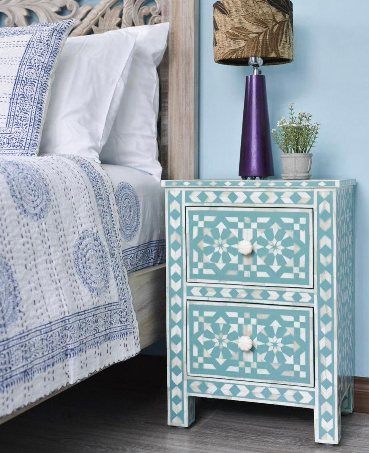   Heritage inlay moroccan pattern wooden two drawer bedside / nightstand / side table