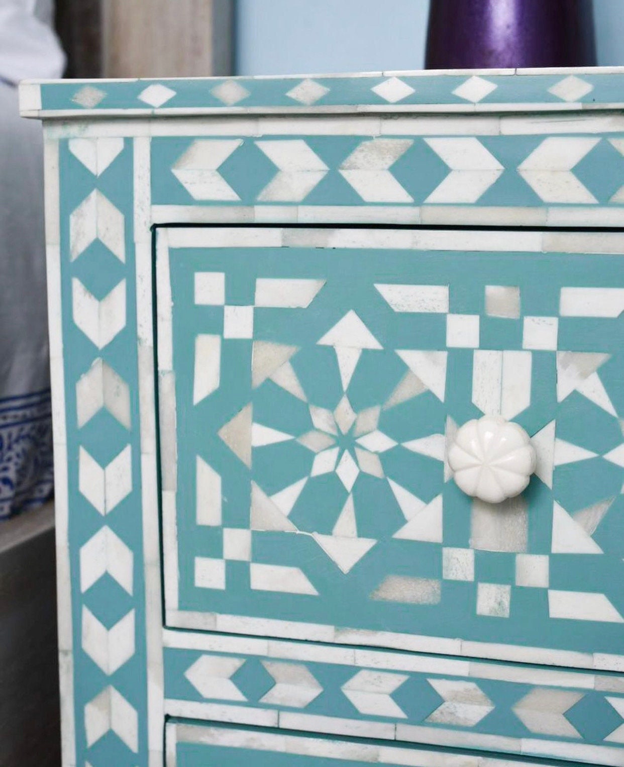   Heritage inlay moroccan pattern wooden two drawer bedside / nightstand / side table