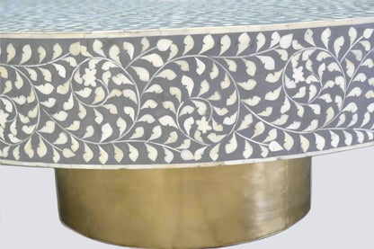   Heritage inlay floral pattern with brass base on wooden coffee table for the living room.