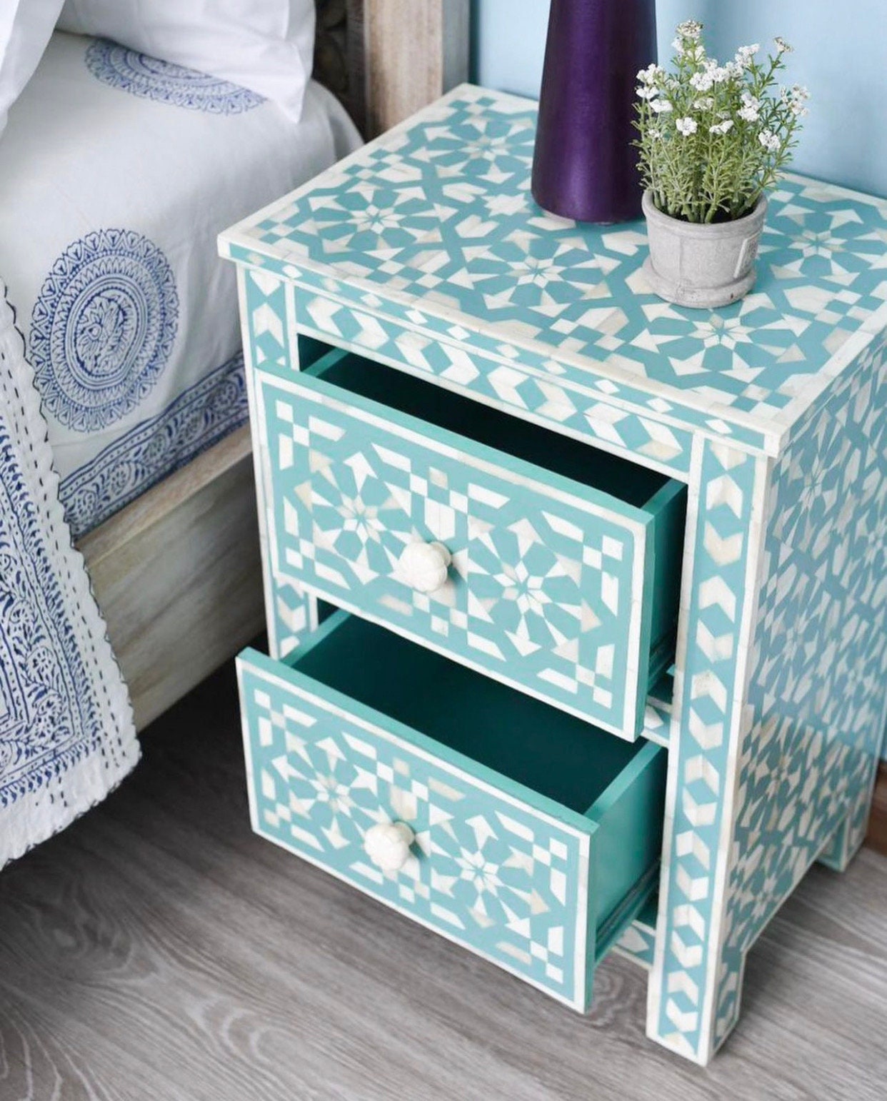   Heritage inlay moroccan pattern wooden two drawer bedside / nightstand / side table