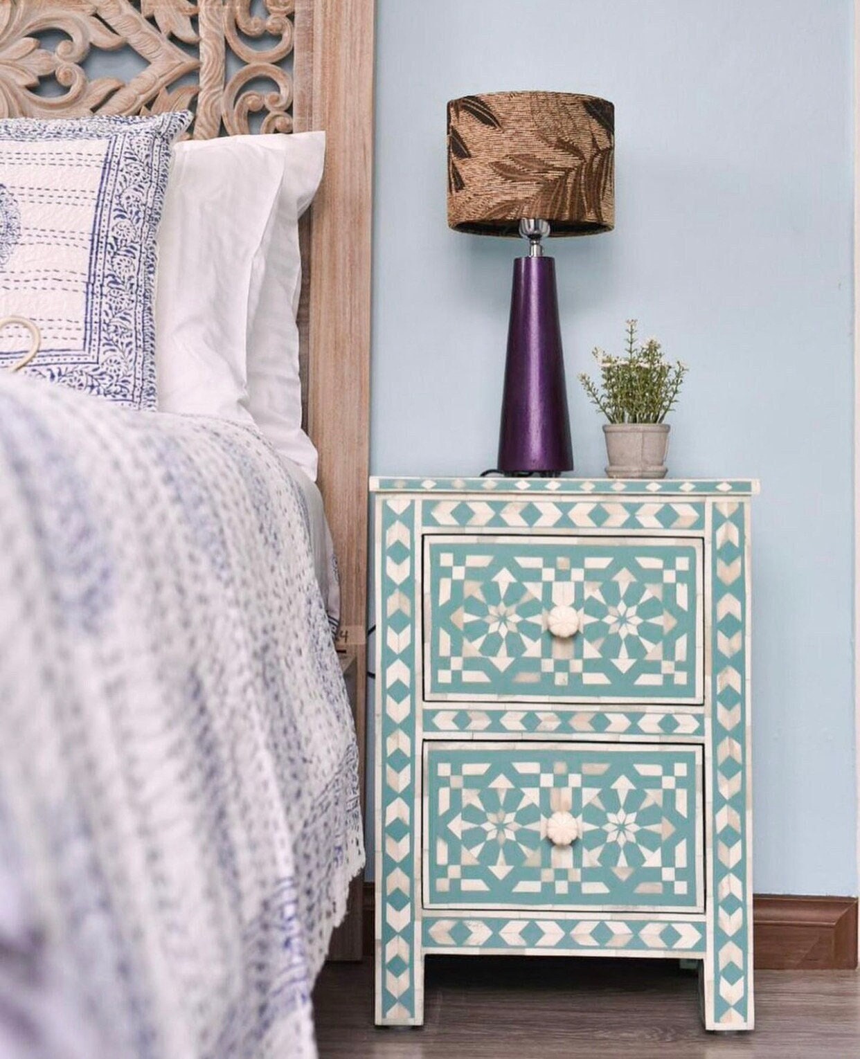   Heritage inlay moroccan pattern wooden two drawer bedside / nightstand / side table