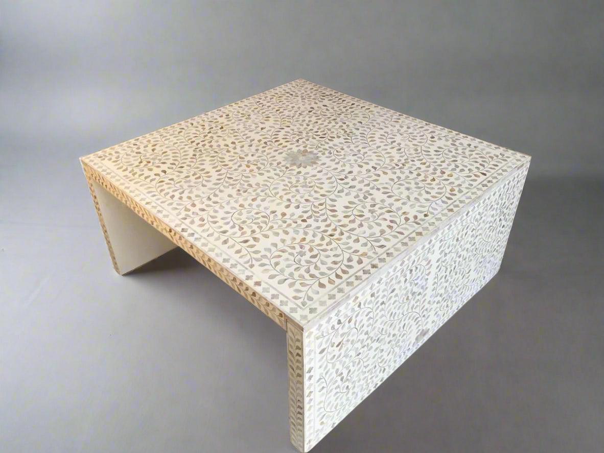 Mother of Pearl  inlay floral pattern wooden waterfall coffee table in white