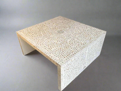 Mother of Pearl  inlay floral pattern wooden waterfall coffee table in white