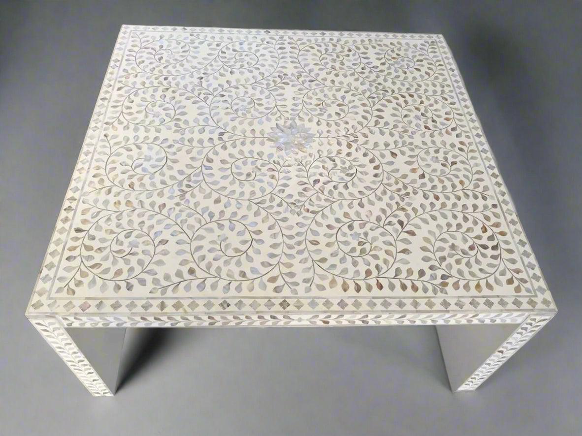 Mother of Pearl  inlay floral pattern wooden waterfall coffee table in white