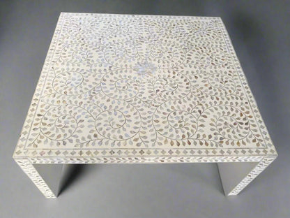 Mother of Pearl  inlay floral pattern wooden waterfall coffee table in white
