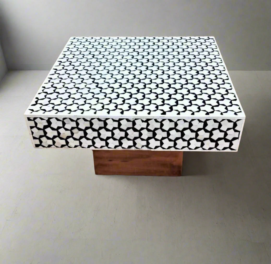   Heritage inlay geometric pattern with brass base on wooden square coffee table 