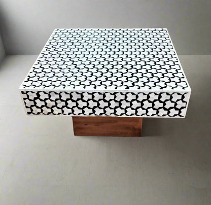   Heritage inlay geometric pattern with brass base on wooden square coffee table 