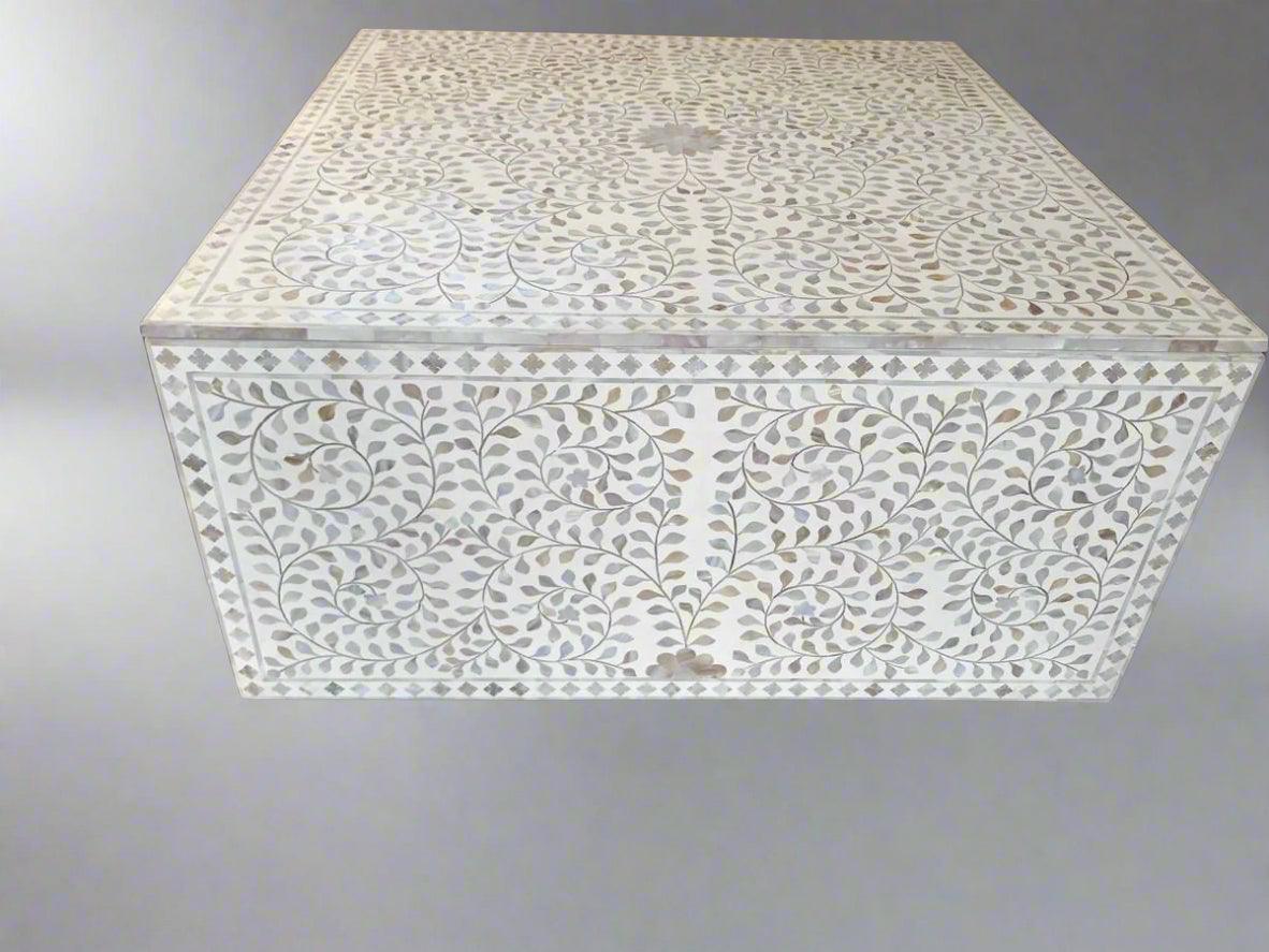 Mother of Pearl  inlay floral pattern wooden waterfall coffee table in white