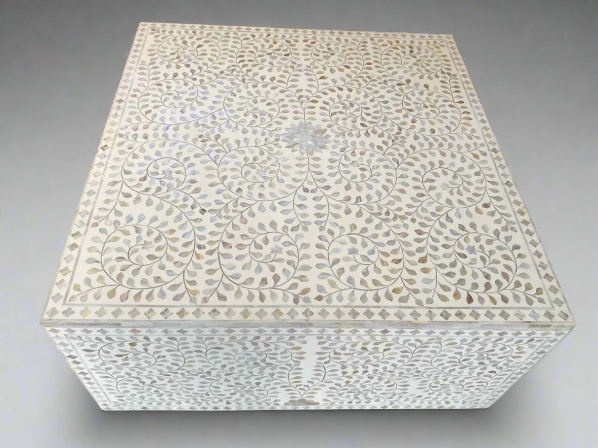 Mother of Pearl  inlay floral pattern wooden waterfall coffee table in white