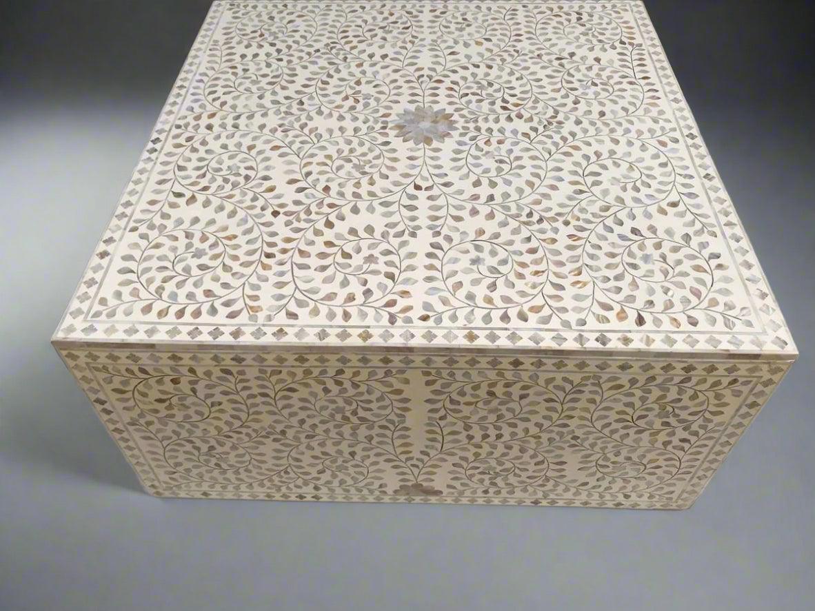 Mother of Pearl  inlay floral pattern wooden waterfall coffee table in white