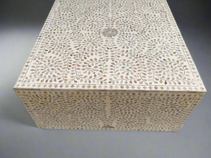 Mother of Pearl  inlay floral pattern wooden waterfall coffee table in white