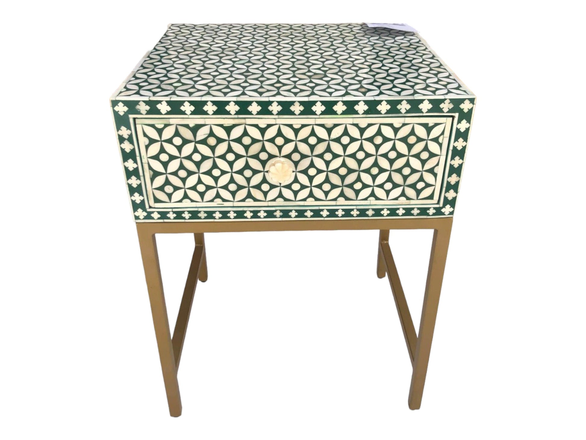   Heritage inlay morocco pattern wooden one drawer bedside / nightstand / side table with golden stand
