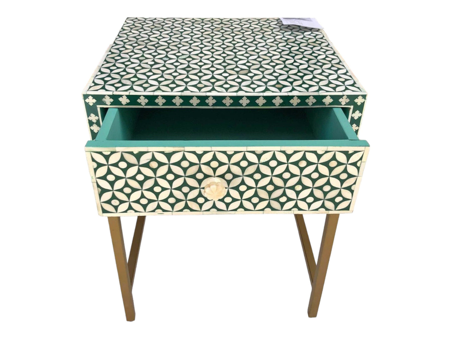   Heritage inlay morocco pattern wooden one drawer bedside / nightstand / side table with golden stand