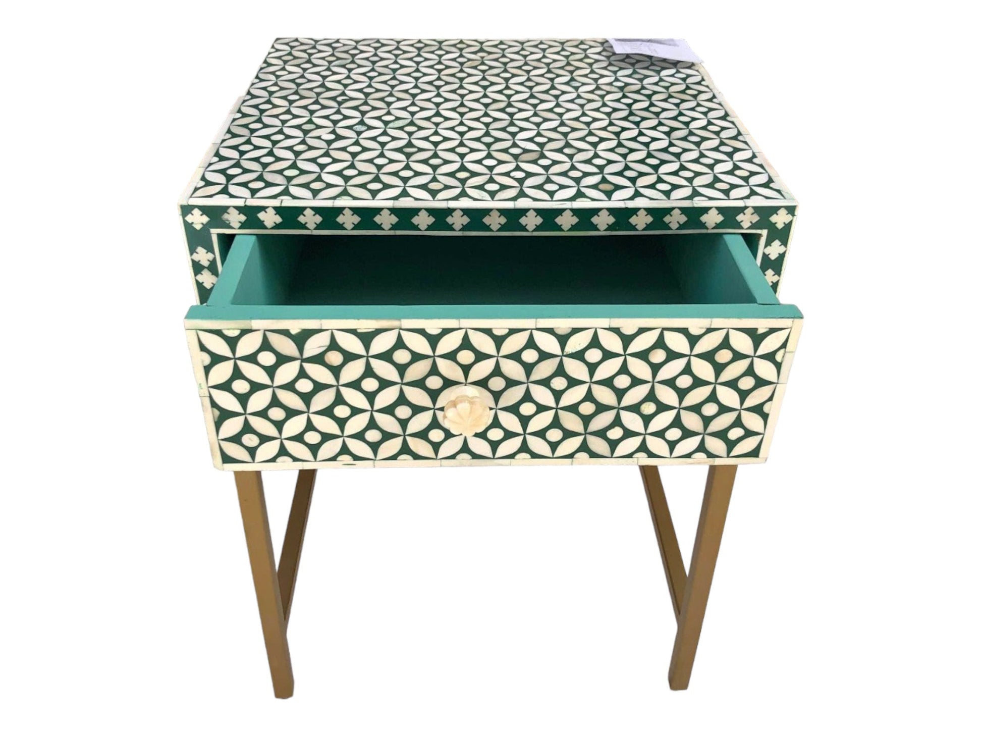  Heritage inlay morocco pattern wooden one drawer bedside / nightstand / side table with golden stand