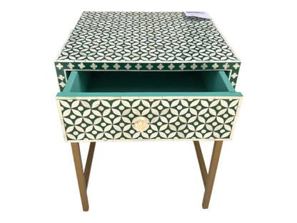   Heritage inlay morocco pattern wooden one drawer bedside / nightstand / side table with golden stand