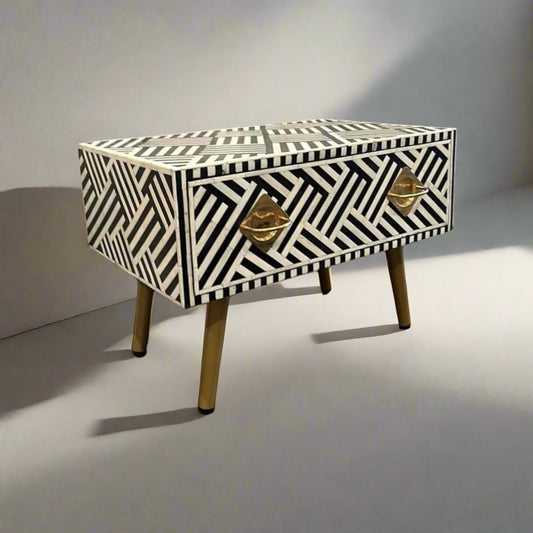   Heritage inlay optical pattern wooden one drawer bedside / nightstand / side table with brass stand