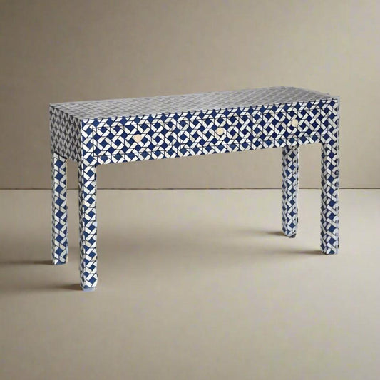 Heritage  inlay geometric  pattern three drawer wooden console table