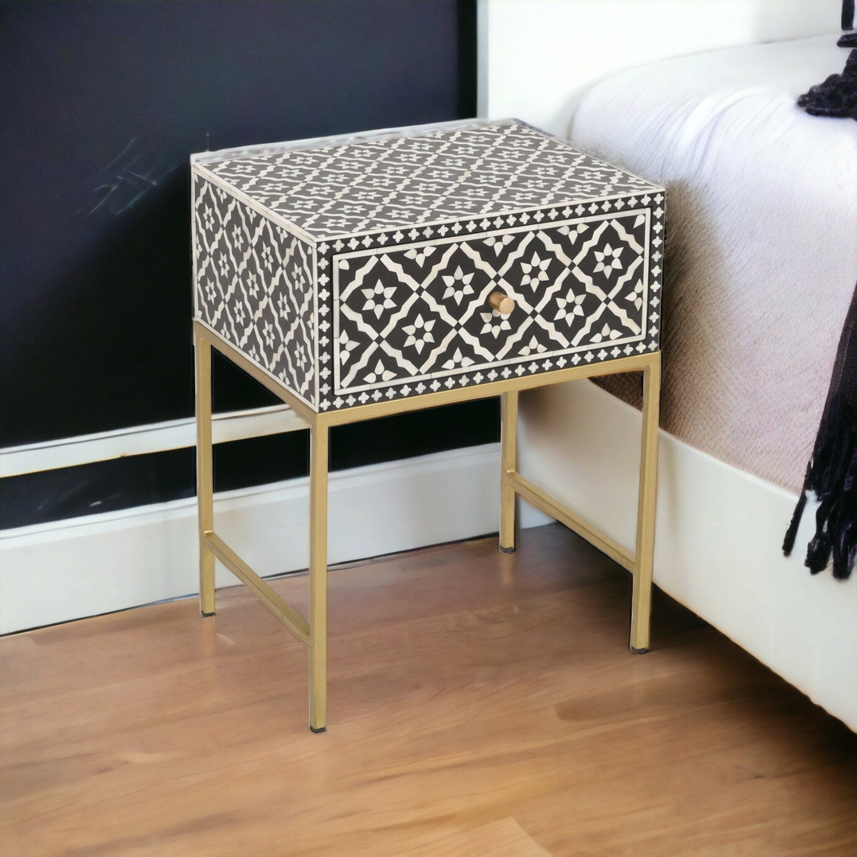   Heritage inlay morocco pattern wooden one drawer bedside / nightstand / side table with golden stand