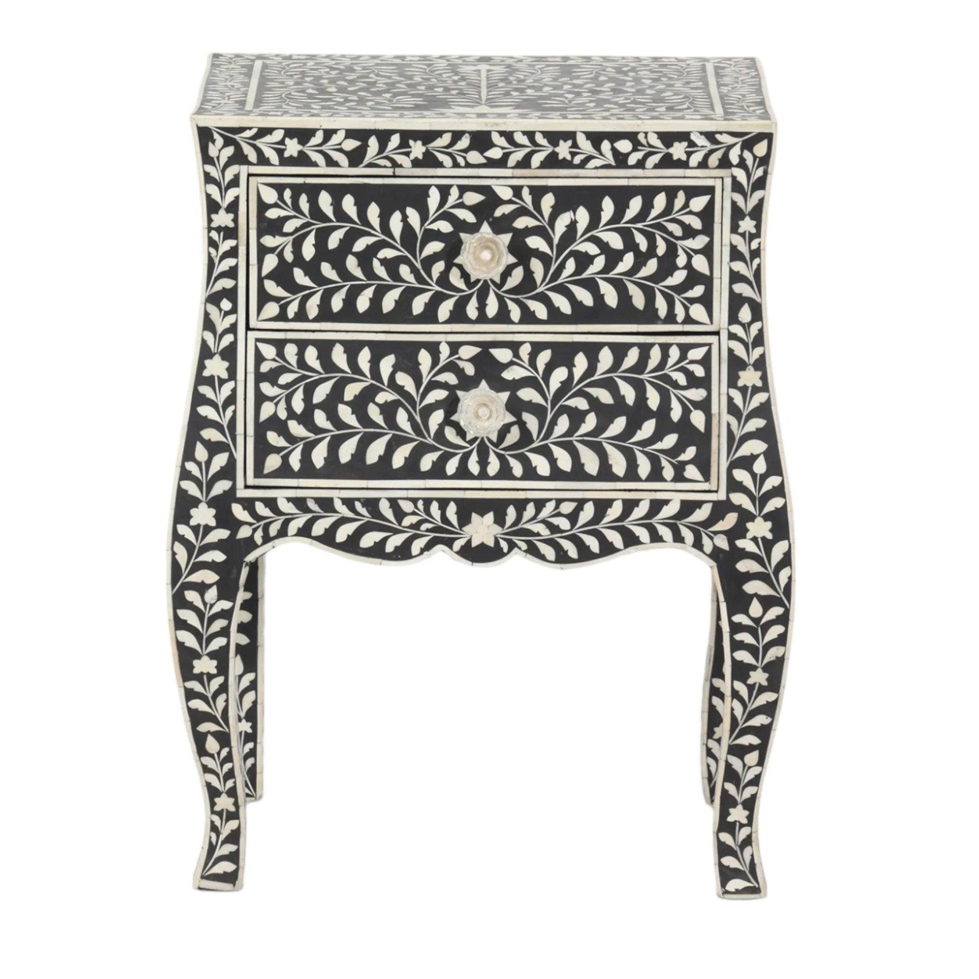  Heritage inlay floral pattern wooden two drawer curved style bedside / nightstand / side table
