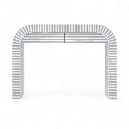  Heritage inlay Moroccan pattern with brass metal base legs wooden waterfall console table in Aqua
