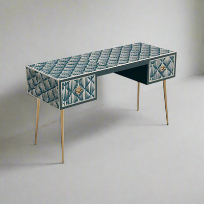 Heritage Inlay 2 Drawer Desk or Console Gold Coated Metal Legs