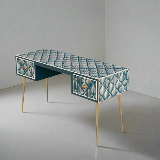 Heritage Inlay 2 Drawer Desk or Console Gold Coated Metal Legs